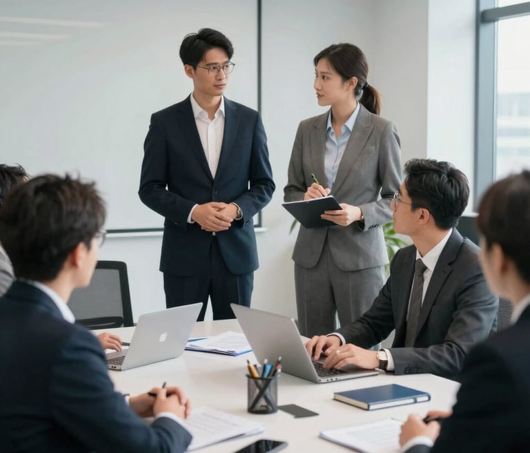 A diverse team collaborating around a laptop in a modern office space.