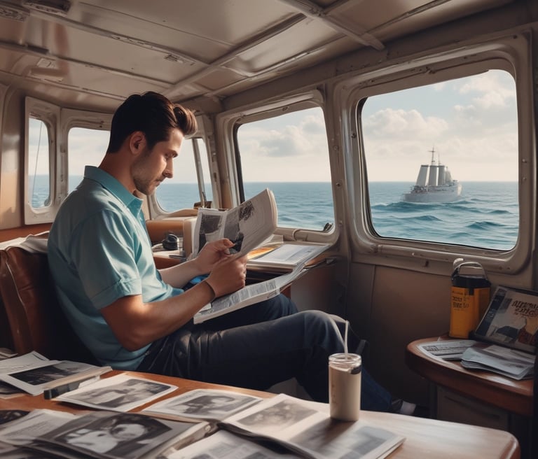 A sleek office workspace with maritime-themed decor and multiple screens displaying marketing materials and website designs.