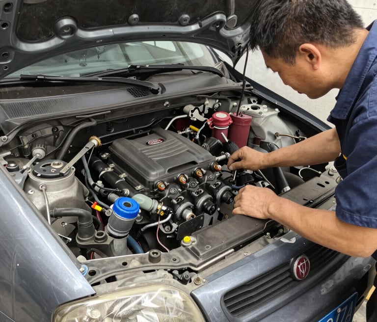 A mechanic working on a car in a well-lit garage.