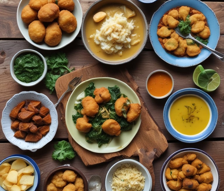 A colorful spread of Puerto Rican and soul food dishes beautifully arranged.