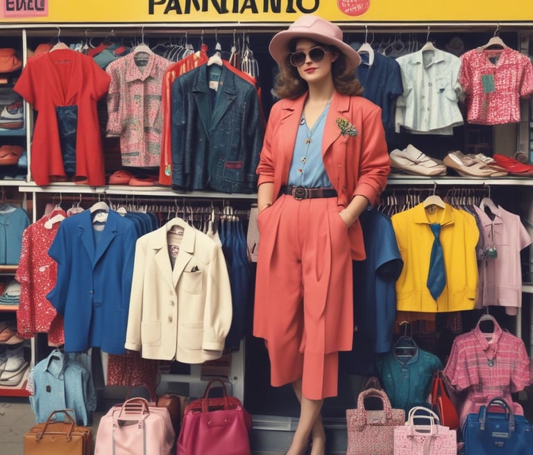 A vintage clothing rack filled with leather jackets and colorful sweatshirts.