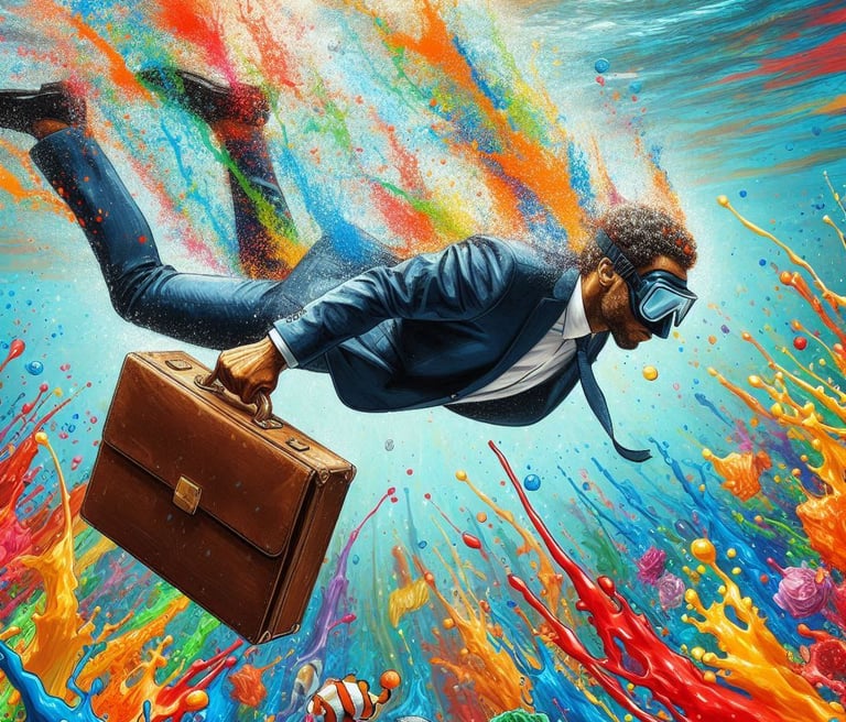 Man in suit with briefcase jumping into water with colorful paint