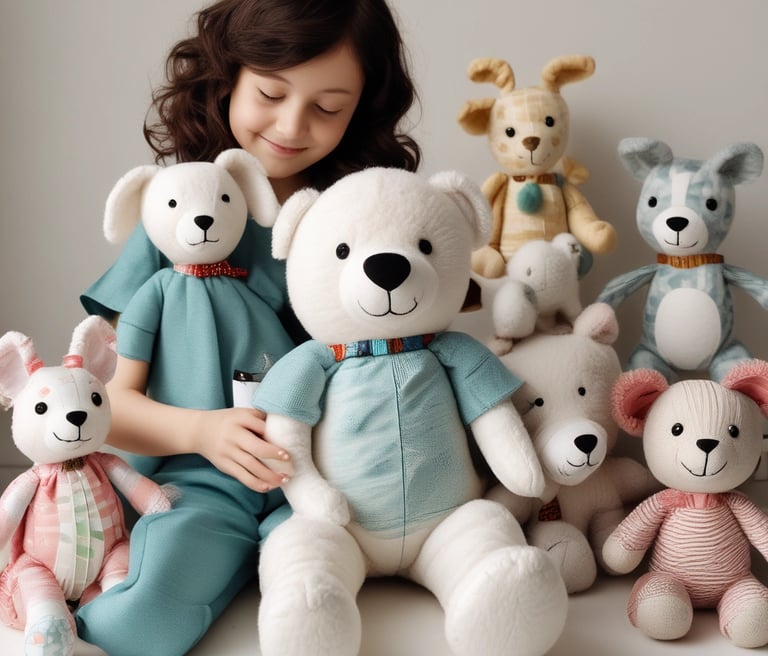 A collection of colorful plush toys, including animals and pillow-like shapes, is suspended in a cluster from a display. The toys feature various patterns, such as stripes and polka dots, and are made from a range of bright and pastel fabrics. The setting appears to be a market or shop with additional items visible in the background.