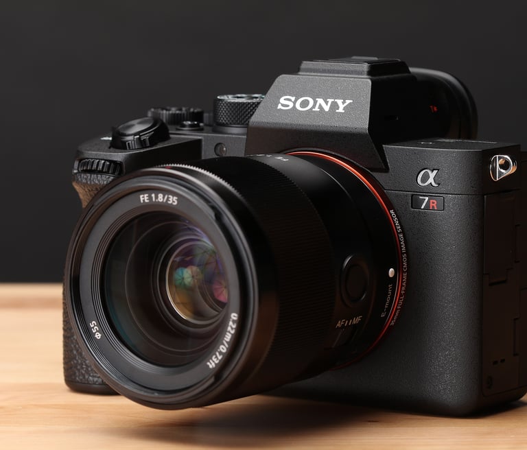 Sony Alpha 7R mirrorless camera with FE 35mm f1.8 lens on a wooden surface.