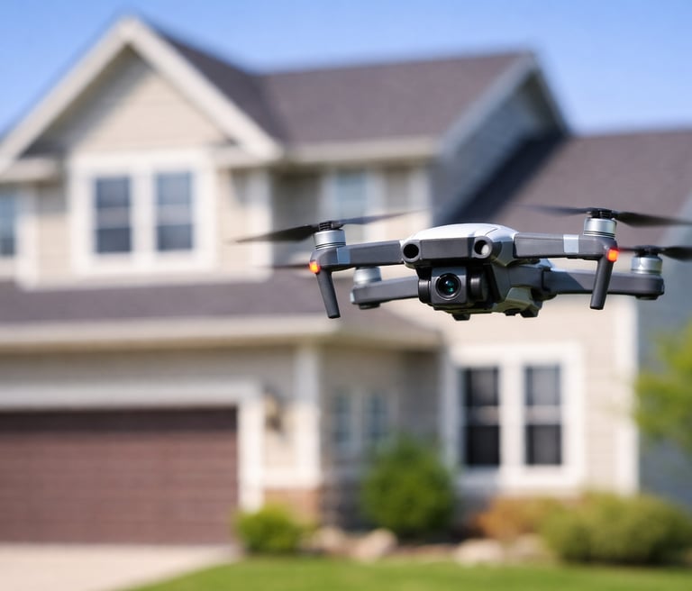 A camera drone flying in front of a suburban house for real estate photography.