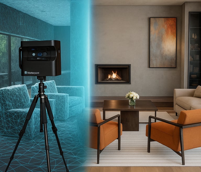 Matterport 3D camera on a tripod performing a digital twin scan of a modern living room interior.