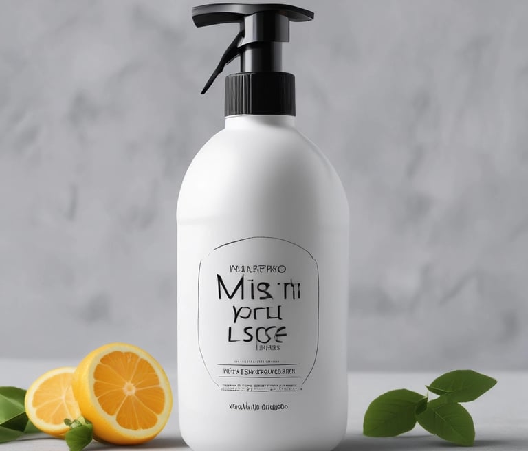 A clean, modern workspace with teal and white accents showcasing bottles of Mist Pro liquid hand wash in various sizes.