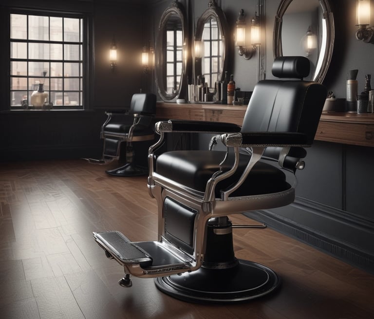 A close-up of a red barber chair with the name 'Belmont' prominently displayed on its shiny metallic headrest. The background features vague, out-of-focus shapes that seem to be other barber chairs and tools in the salon.