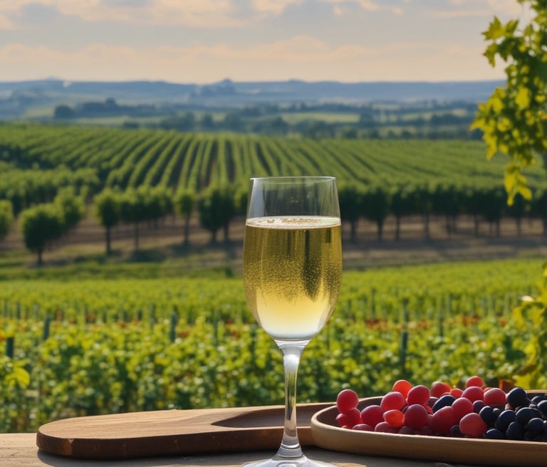 A scenic view of the Champagne region vineyards.