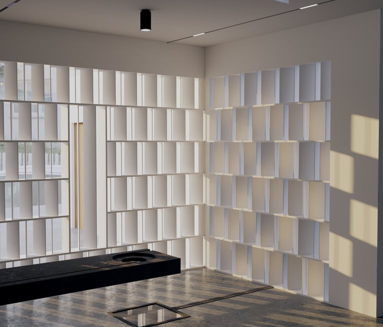 Modern architectural wall installation with geometric shelving and sculptural light play