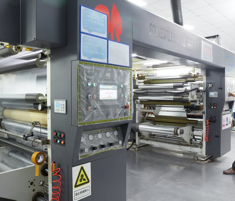 Industrial solventless laminator machine operating in a professional flexible packaging factory facility.