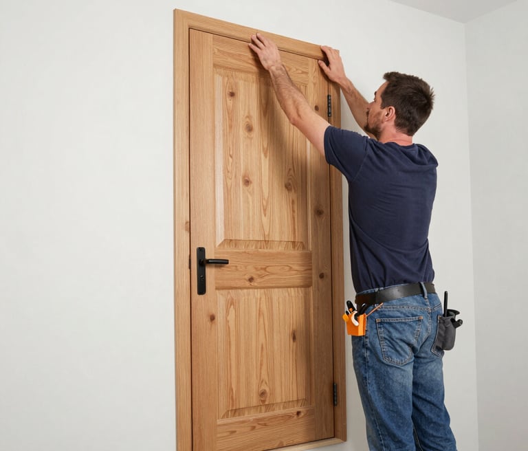 A friendly technician fixing a wooden fence in a cozy UK garden on a sunny day.