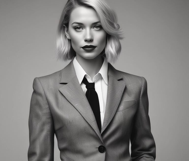 Black and white professional portrait of Erica Cordary in a minimalistic office setting.