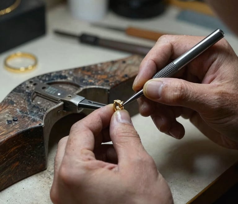 Close-up of a craftsman delicately working on a gold jewelry piece in a sophisticated workshop.