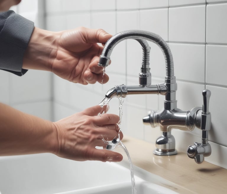 A friendly plumber fixing a kitchen sink in a cozy home setting.