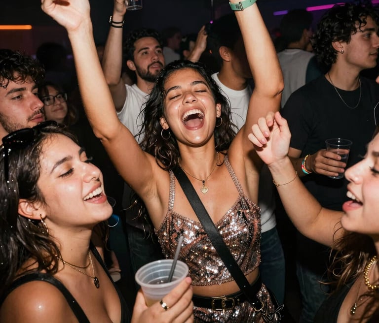 A lively crowd dancing under colorful lights at a Pwrhouse Entertainment music event.