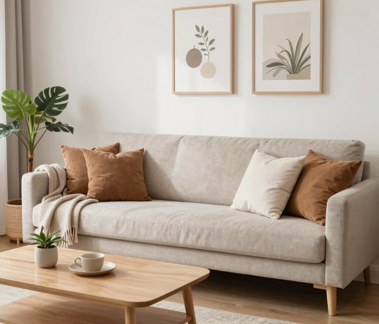 A softly lit, cozy living room corner with neutral tones, featuring a comfy armchair, a small wooden side table, and a textured throw blanket.