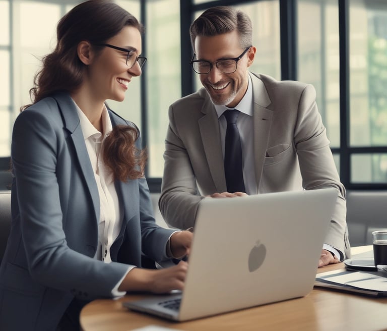 A diverse team collaborating around a laptop displaying HR software dashboards in a modern office with blue accents.