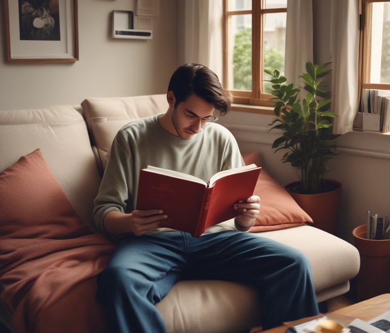 A thoughtful person reading a book titled 'Análise do Paradoxo Existencial' in a cozy study room.