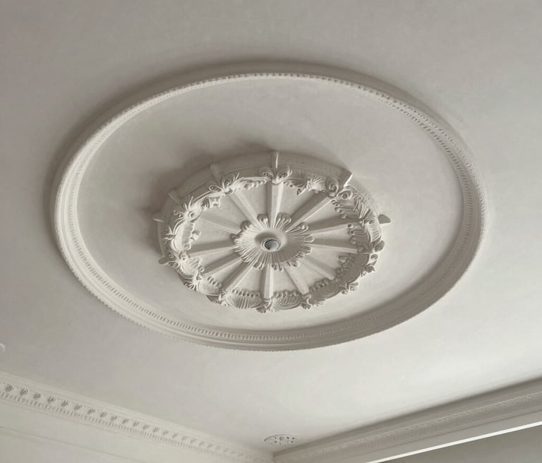 Close-up of a beautifully finished fall ceiling showcasing smooth plaster of Paris details.
