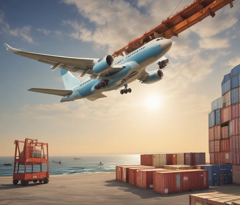 A bustling shipping port with containers being loaded onto cargo ships under a clear sky.