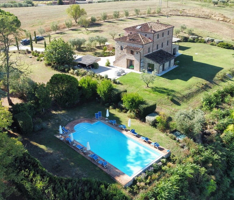 Aerial view Villa Alta -  Domaine Cesarini estate with private pool, Umbria, Italy