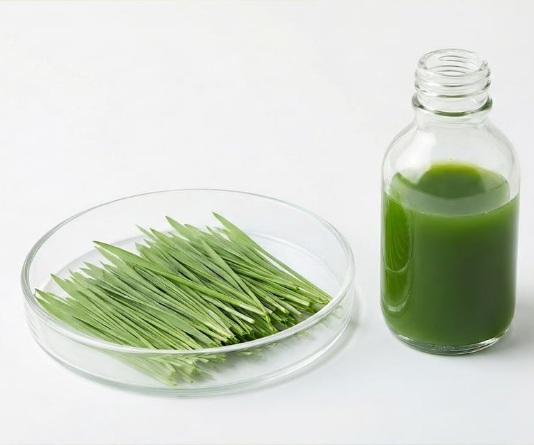 Fresh green wheatgrass blades in a petri dish next to a bottle of organic wheatgrass juice.