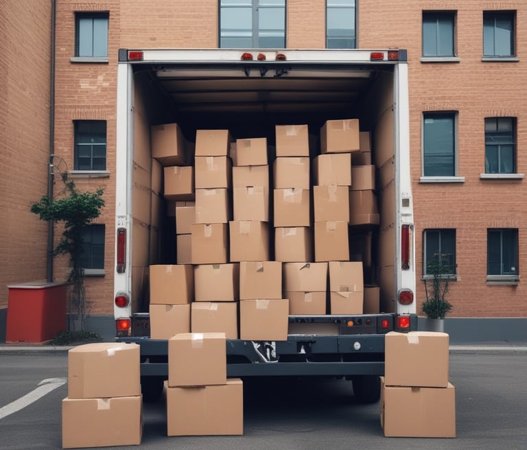 A team carefully loading furniture and machinery onto a truck outside a warehouse in Galicia.