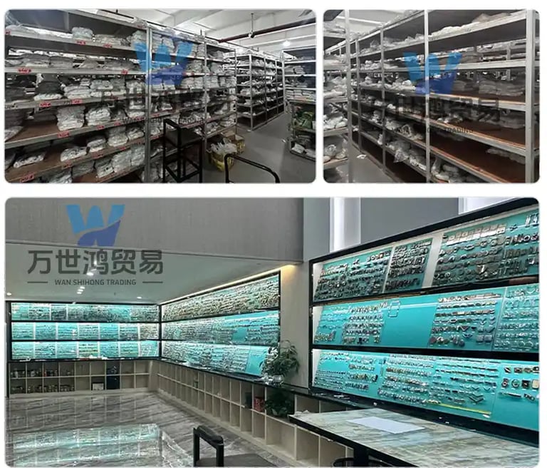 A wholesale warehouse and showroom, displaying neatly arranged bags, hardware, and clothing accessor