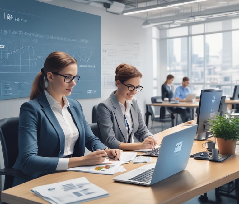 A modern office environment with professionals discussing financial strategies.