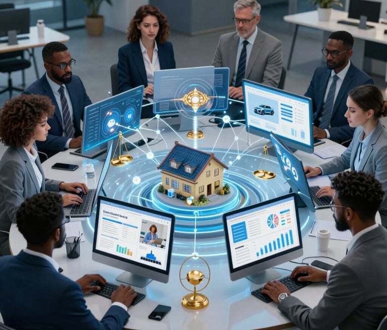 A confident team of digital experts collaborating over a laptop, layered with graphs showing growth and customer engagement metrics.