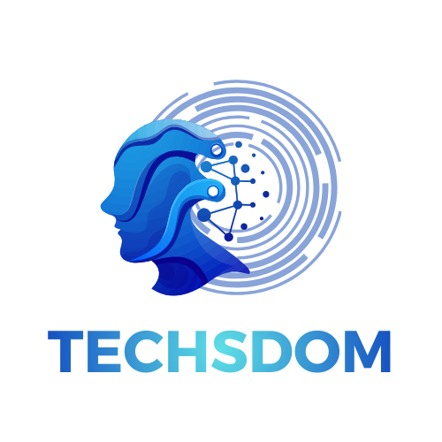 TechsDom logo with blue human head and digital network, symbolizing AI, technology, and innovation.