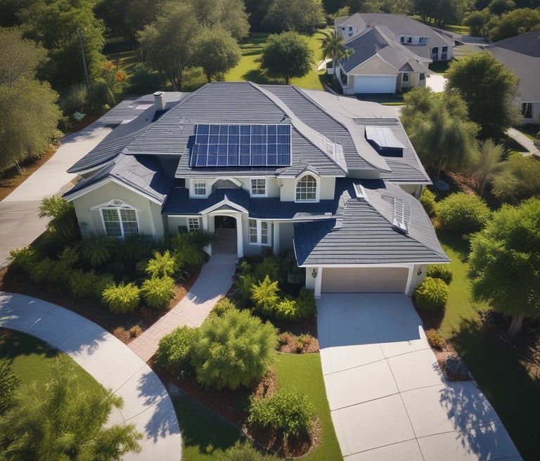 A solar panel is placed on the ground amidst lush green plants and trees. The sunlight gently reflects off its surface, highlighting the clean, angular lines of the solar cells.