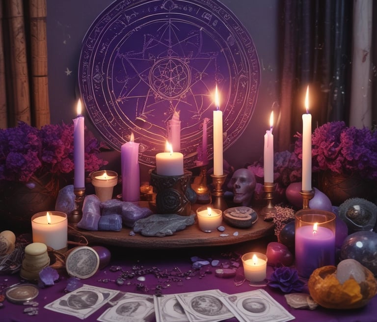 A spiritual altar is set up outdoors on a fluffy white surface with various crystals, a wooden board spelled 'ENERGIES' with wooden letters, tarot or oracle cards, a candle, and a bowl of pink Himalayan salt. Green foliage surrounds the setup, creating a serene and natural backdrop.