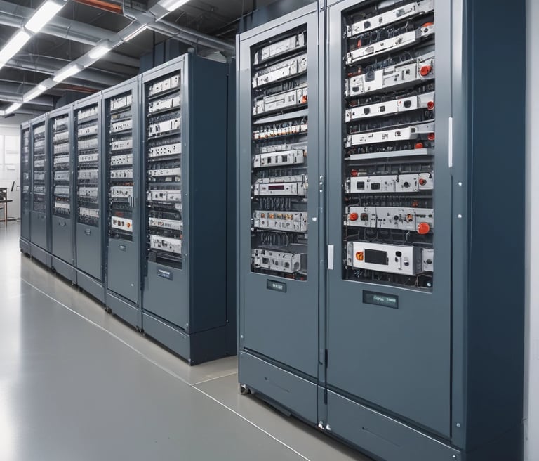 An electrical panel with several circuit breakers and transformers installed inside an industrial cabinet. The panel has a red backing and is surrounded by metal framing. Various wires and components are visible, indicating a complex setup.