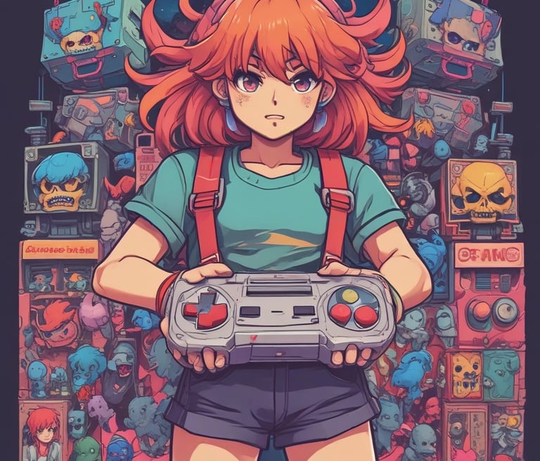 a woman holding a video game controller in front of a bunch of video game controllers