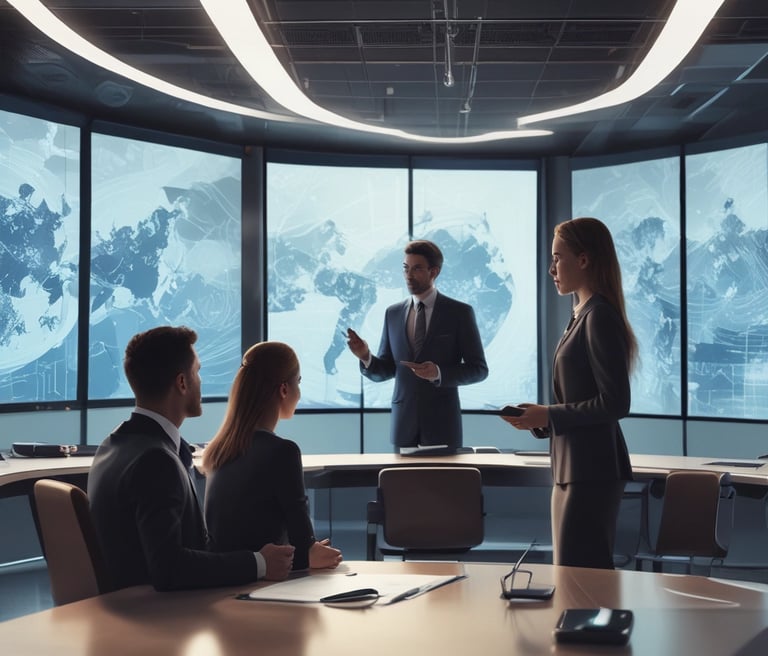 A professional consultation setting with a medical professional sitting at a desk facing a client. The room has a modern aesthetic with white walls decorated with framed certificates. The desk is organized with office supplies, a laptop, and a fruit bowl in the center.
