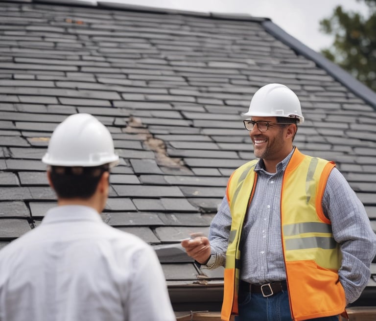 A friendly marketing consultant discussing strategies with a roofing business owner in a bright office.