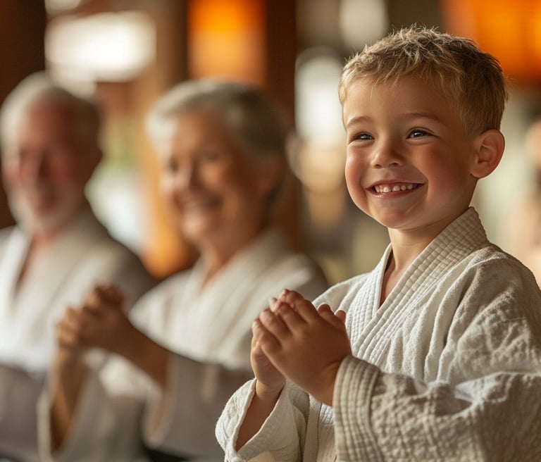 young martial artist with grandparents in the background