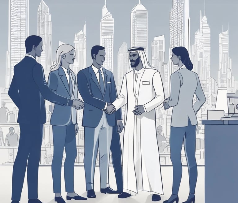 A modern office space with professionals collaborating on business strategies.