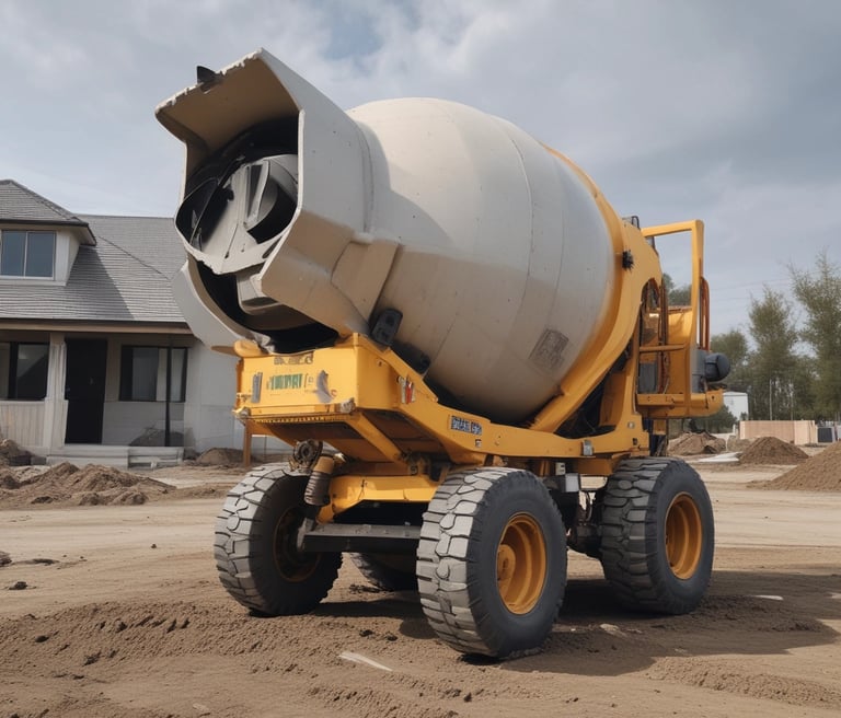 A construction site scene with a worker handling a large yellow concrete funnel suspended by a chain. Several stacks of precast concrete slabs are visible in the background. The ground is covered with construction materials and equipment.