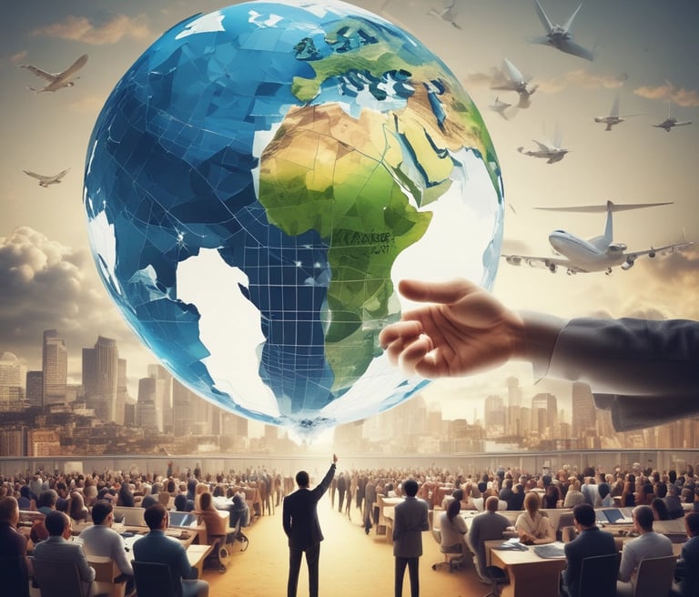 A diverse team of professionals collaborating over shipping documents and laptops in a modern office.