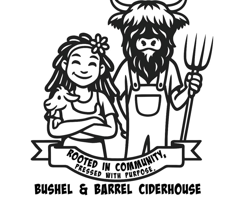 Bushel and Barrel Ciderhouse logo featuring a woman, highland cow farmer, and goat in Poulsbo, WA.