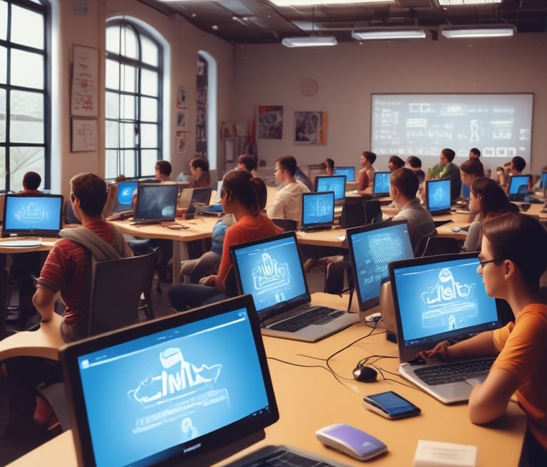 A modern classroom setting with students engaged in coding.