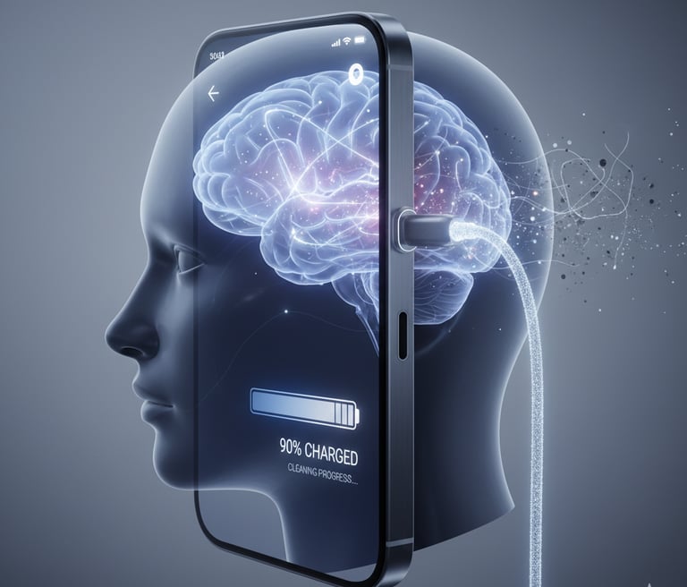 Sleep as brain maintenance: a stylized human head charging like a smartphone, digital waste clearing.
