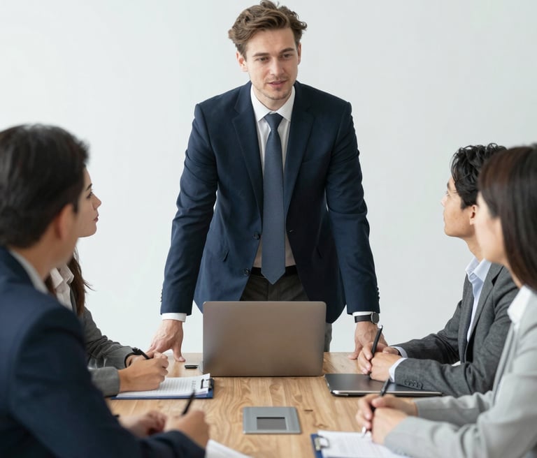 A friendly team meeting in a bright office, collaborating over financial reports and HR plans.