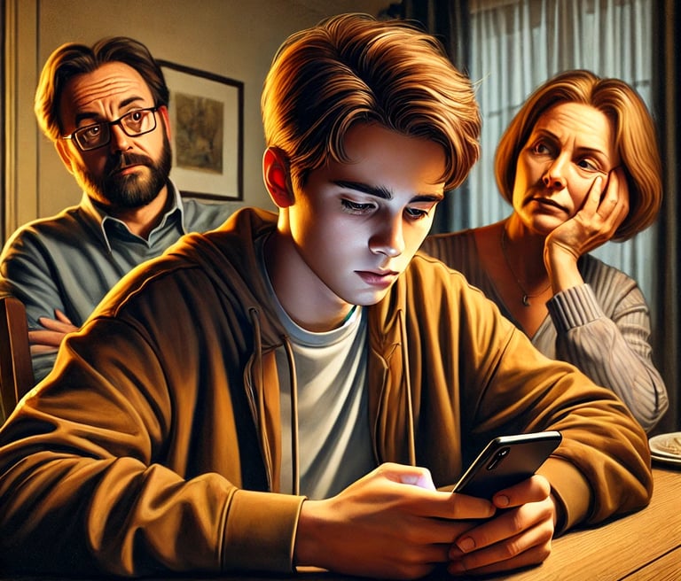 Familia preocupada mientras un joven se muestra distante debido a una adicción.