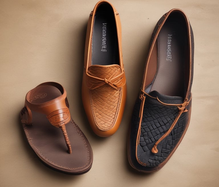 A well-arranged display of various leather goods including bags, belts, and shoes.