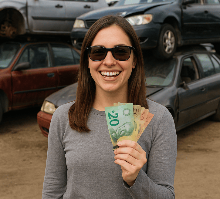 Smiling woman holding Canadian dollar bills stands in front of stacked scrap cars in junkyard.