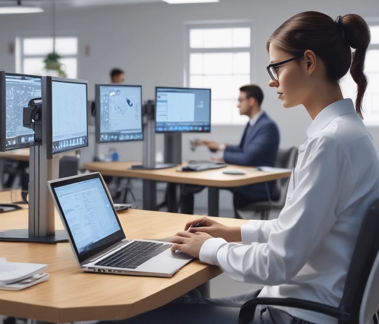 A diverse group of young professionals studying together in a modern workspace.